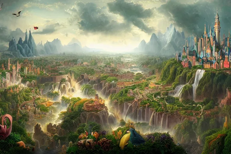 Prompt: a fantastic complex detailed matte painting of a magical city with many fanciful creatures by Heironymous Bosch