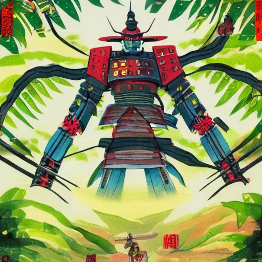 Prompt: samurai robot, in a jungle jeszika le vye heraldo ortega 8 k
