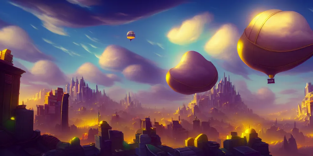 Image similar to the city in the of piltover, in the style from netflix's arcane, blimps in the sky, blue skies, soft clouds, trending on artstation