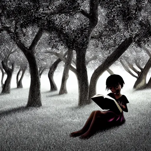 Image similar to stunning, coherent, impressive, detailed still of black little girl, reading a book, underneath a tree, follow shot, 3d, in the style of pixar, comic book style, 3d, highly detailed, sharp focus, bokeh, depth of field, 16k resolution, Unreal Engine 5, coherent, cinematic lighting, photorealistic, by Zhang Jingna