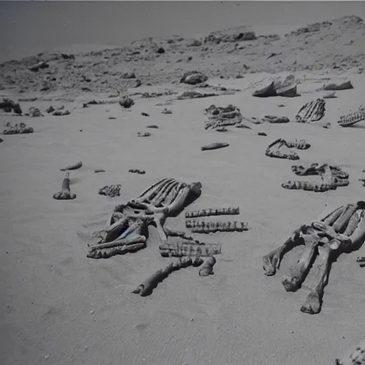 Image similar to grainy 1970s photo on expired film depicting human bones coming out of the sand on planet mars