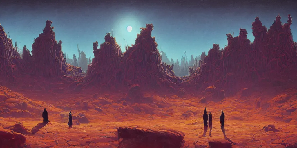 Prompt: the cult of pluto, a highly detailed cinematic oil painting by roger dean and alena aenami, hooded figures, dynamic lighting
