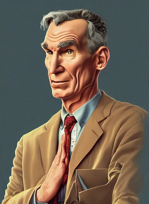 Prompt: Twin Peaks poster artwork by Michael Whelan and Tomer Hanuka, Karol Bak, Rendering of Bill Nye, from scene from Twin Peaks, clean, full of details, by Makoto Shinkai and thomas kinkade, Matte painting, trending on artstation and unreal engine