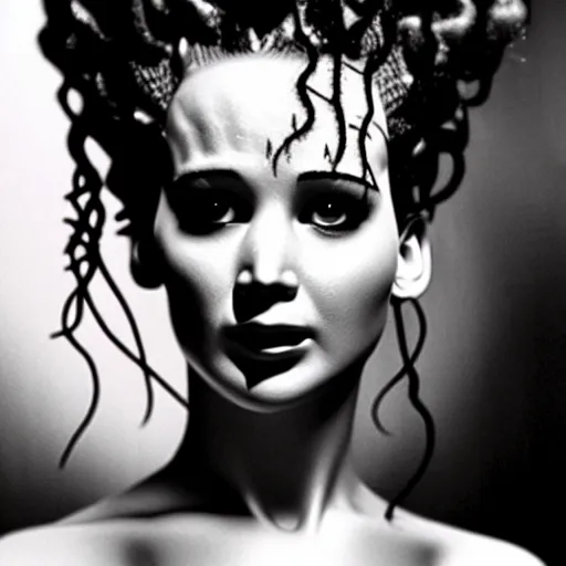 Image similar to close up detail of the face of jennifer lawrence as the bride of frankenstein, relistic,