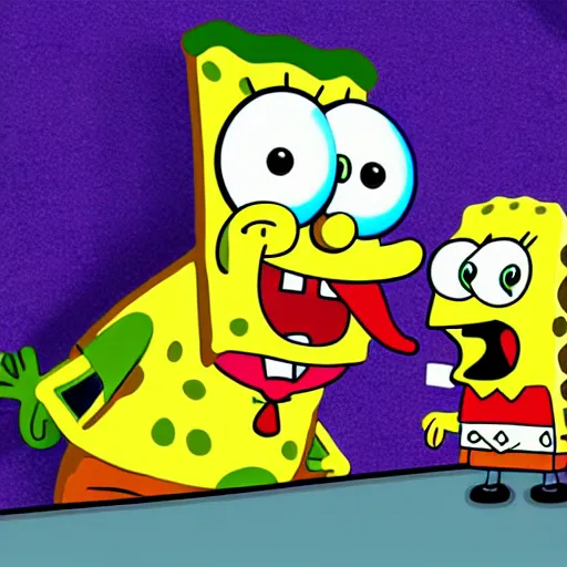 Prompt: spongebob licking a sad child, photorealistic