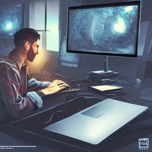 Image similar to realistic man using laptop in super tech room, artstation trends, concept art, highly detailed, intricate, sharp focus, digital art, 8 k