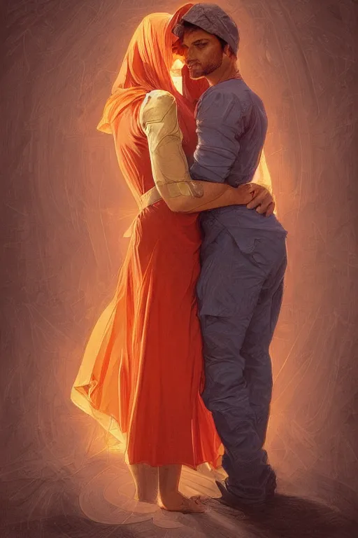 Prompt: portrait of tinfoil hat man in orange t - shirt hugging from behind his wife in a bed, feelings, romantic, fantasy, intricate, elegant, highly detailed, digital painting, artstation, concept art, smooth, sharp focus, illustration, art by artgerm and greg rutkowski and alphonse mucha