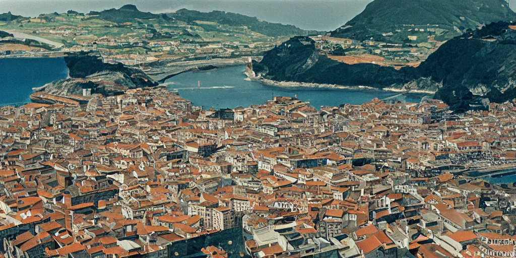 Image similar to aerial view of the city of zumaia in the basque country, 1 9 7 8, kodachrome