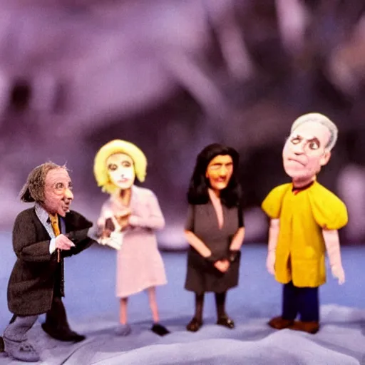 Image similar to still from a 1 9 9 2 live - action stop - motion puppetry tv show by tim burton starring joe biden, kamala harris, and indian elizabeth warren in dioramas. everything is made of plasticine, fabric, and other physical materials. photographic ; realistic ; highly - detailed.