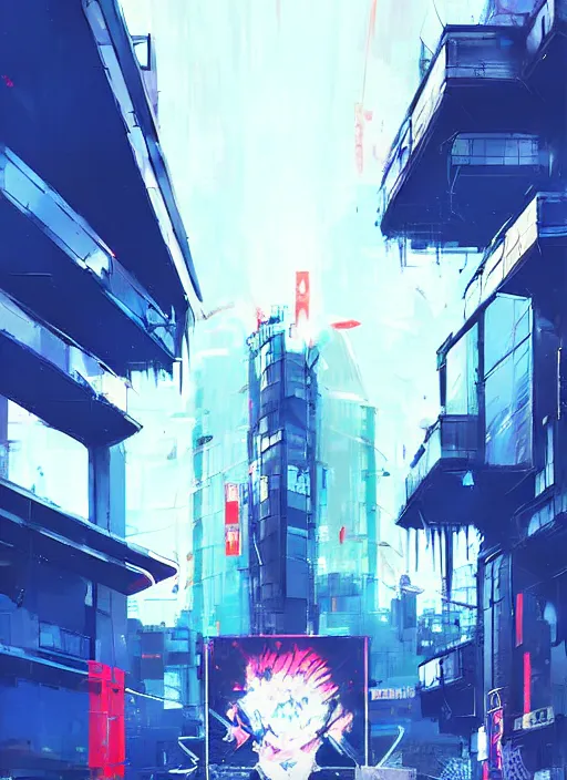 Prompt: cyber art, mutants rampaging in shinjuku street, blue starship in the background, art by ismail inceoglu