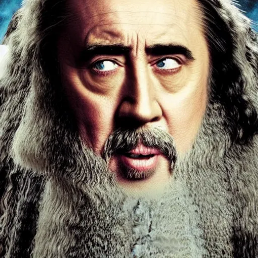 Image similar to drunk nicholas cage as gandalf, detailed, cinematic photo