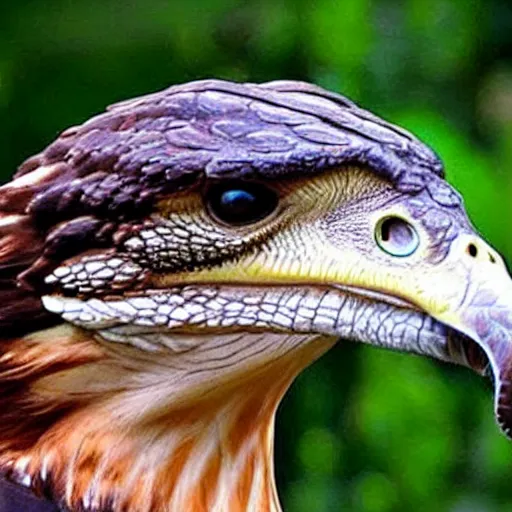 Image similar to hawk and crocodile morphed together, half crocodile, half hawk, real picture taken in zoo, realistic hawk proportions, head of crocodile is seamlessly merged with hawk