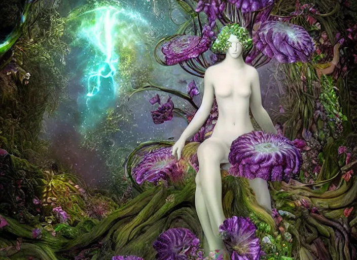 Image similar to glowing delicate flower and mushrooms that grow in a dark fatansy forest on the planet Pandora, an idealistic marble statue with fractal flowery hair in a fractal garden,