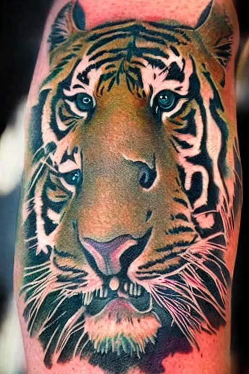 Image similar to tattoo of a tiger, detailed, colored