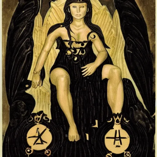 Image similar to the goddess hekate, seated in her holy element, glorious and occult, with symbolic elements