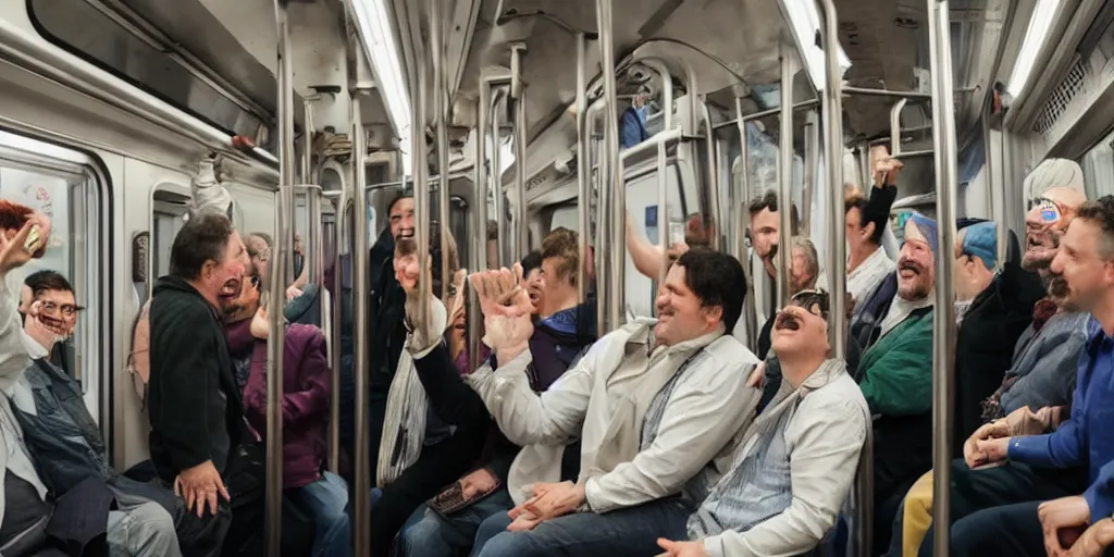 Image similar to a large stream of people in a subway car, there is a middle-aged man with a Hussar moustache, two people are standing to his right and laughing loudly. modern 4k 8k photorealistic highly detailed