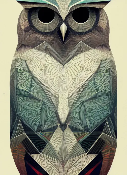 Image similar to portrait of a geometric owl, identical eyes, medium shot, illustration, full body made of white feathers, symmetrical, art stand, super detailed, cinematic lighting, and its detailed and intricate, gorgeous, by peter mohrbacher