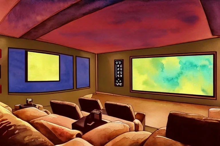 Prompt: very wide view of a modern home movie theater with giant projector screen!!, detailed art deco decoration!, wall lights, plant, popcorn machine, beautiful watercolor painting!!!, trending on artstation