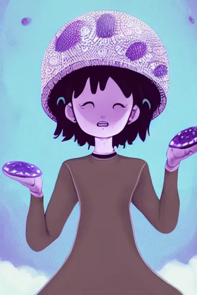 Image similar to a little girl wearing a mushroom hat in dress sitting | | purple curvy hair, pretty face, fine details, digial art by lois van baarle and sakimichan, anatomically correct, perfect composition, symmetrical, fantastic, clean details, anime character, extremely detailed