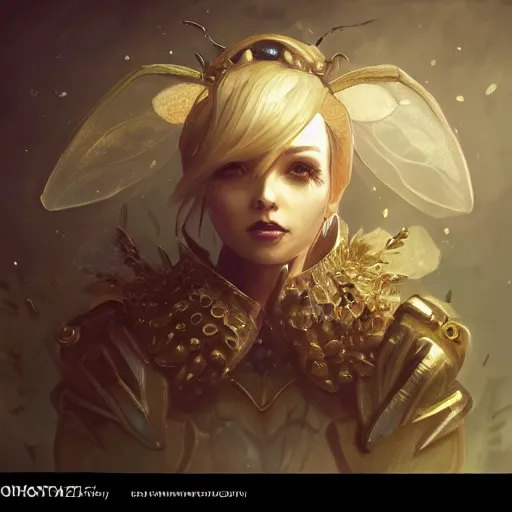 Image similar to Anthropomorphized queen bee, D&D, fantasy, cinematic lighting, highly detailed, digital painting, artstation, concept art, smooth, sharp focus, illustration, warm light, cozy warm tint, magic the gathering artwork, volumetric lighting, 8k, no gold, no gold colours, art by Akihiko Yoshida, Greg Rutkowski