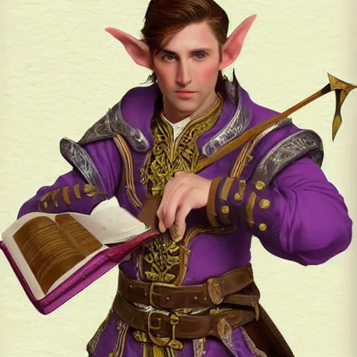 Image similar to d & d realistic painting portrait of a cheerful half elf male bard wearing a ornate purple leather armor. medium length brown hair, well groomed with brown eyes. clean shaven. holding a leather bound book open and writing in it with a fountain pen. sitting at a tavern table. hyper detailed