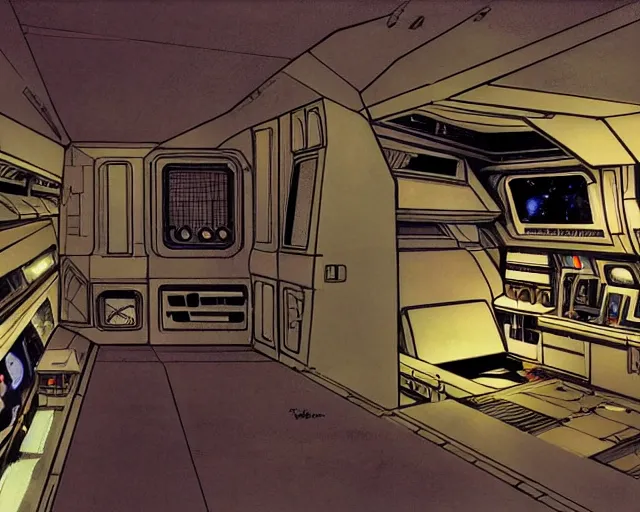 Prompt: cozy spaceship engine room. interior design. ralph mcquarrie scene. clear photo by keith parkinson, walter simonson, syd mead, keith parkinson.