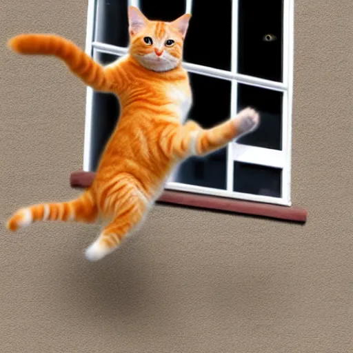 Prompt: orange tabby cat dual wielding AK-47s, while jumping backward out a window