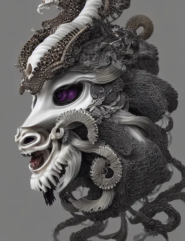 Image similar to 3 d goddess close - up profile portrait ram skull. beautiful intricately detailed japanese crow kitsune mask and clasical japanese kimono. betta fish, jellyfish phoenix, bio luminescent, plasma, ice, water, wind, creature, artwork by tooth wu and wlop and beeple and greg rutkowski