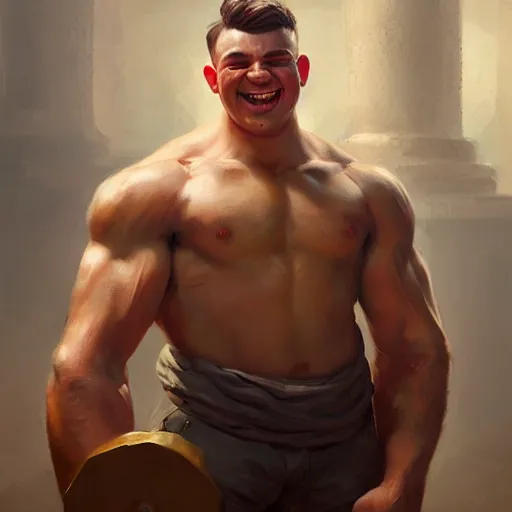 Image similar to portrait painting of a young strongman of 2 5, bright and energetic, with a sweet smile and big muscles, render cinematic lighting art 1 9 2 0 period drama by bussiere rutkowski andreas rocha