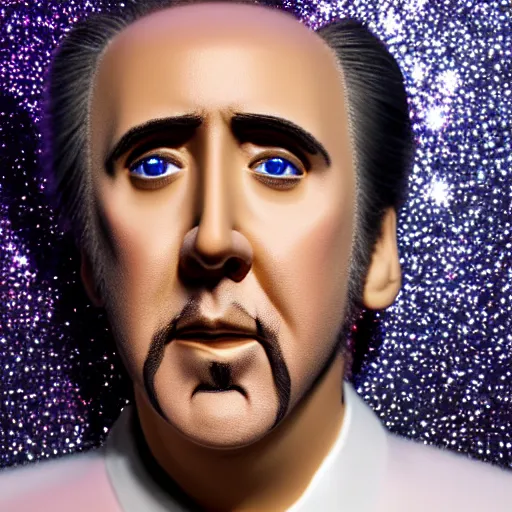 Prompt: Nicolas Cage with silver-violet hair, white eyes and golden glittery dress, wide lens, diorama, 4k,