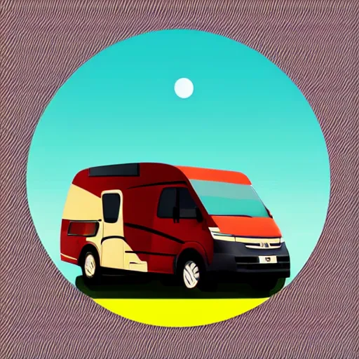 Prompt: very very very stylized minimal vector graphic of a thor chateau motorhome, hills and sunset, white background, all enclosed in a circle, professional minimal graphic design cartoon