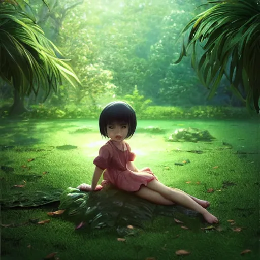 Prompt: very very small little girl by wlop, sitting on a gigantic green leaf by ilya kuvshinov, rtx rendering, octane render 1 2 8 k, maya, extreme high intricate details by tom bagshaw, digital anime art by ross tran, medium shot, close up shot, composition by sana takeda, lighting by greg rutkowski