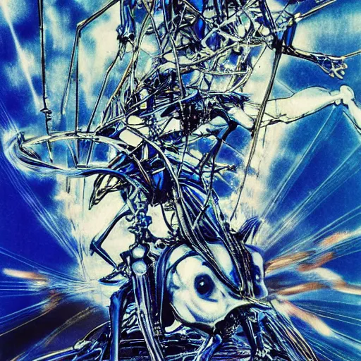 Prompt: electric blue by yoshitaka amano. the experimental art features a human figure driving a chariot. the figure is skeletal & frail, with a large head & eyes. the chariot is pulled by two animals, which are also skeletal & frail.