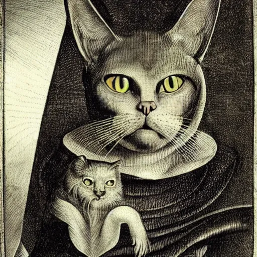 Image similar to stunning portrait of the cat of cheshire faithful to lewis carol's book description by hieronymus bosch