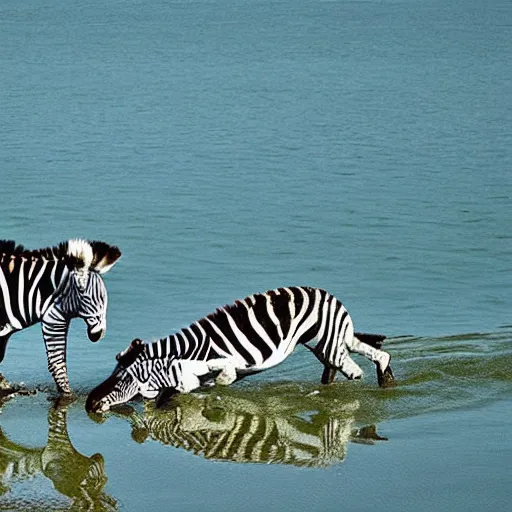 Prompt: zebra playing with a crocodile in a lake, award winning photo