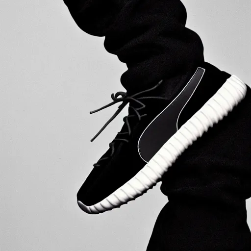 Image similar to a sneaker, casual, yeezy, puma, balenciaga, award - winning photo, 4 k, black background, sharp focus, high key lighting