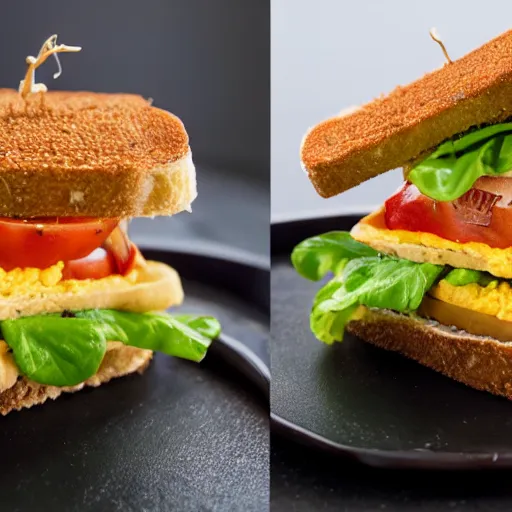 Image similar to everything made of sand, sandwich with fried tofu, one red tomato slice, mayo, onion, avocado, melted cheddar, red dish, background : jupiter and stars in the sky