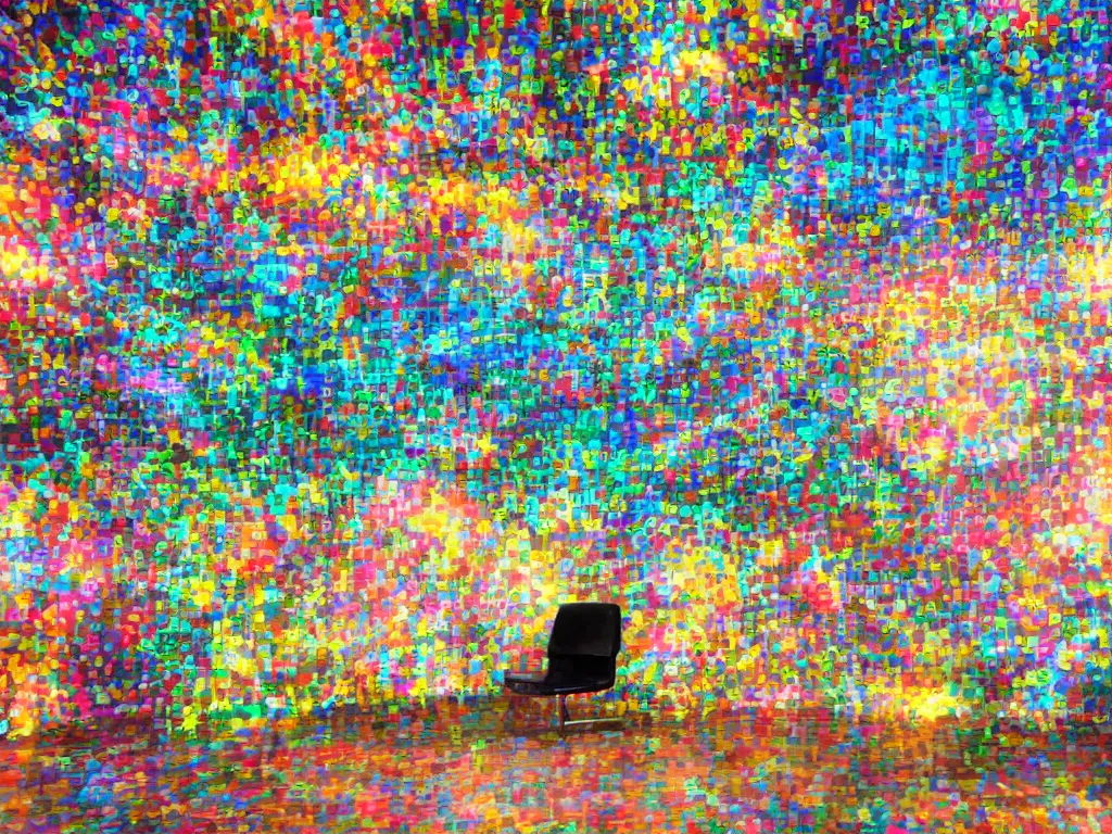 Prompt: room with overlaping curved translucent screens projecting video, large colorful video, pixel perfect image, high contrast, volumetric lighting, tiny neon light, chair, user, pair of keys