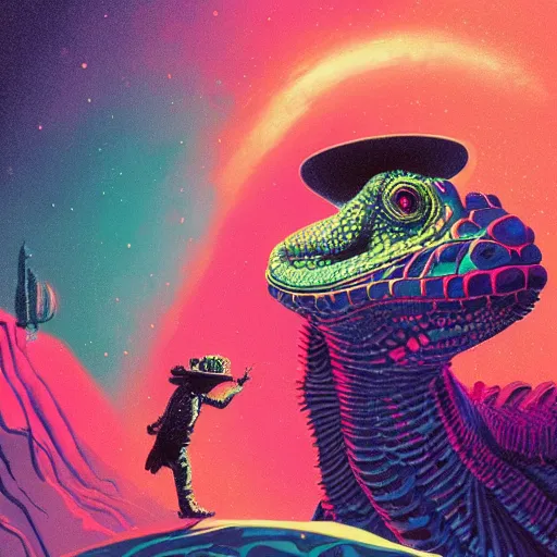 Prompt: psychadelic iguana wearing a beret, epic scene, by victo ngai, kilian eng vibrant colours, dynamic lighting, digital art, winning award masterpiece, fantastically beautiful, illustration, aesthetically inspired by beksinski and dan mumford, trending on artstation, art by greg rutkowski, 8 k