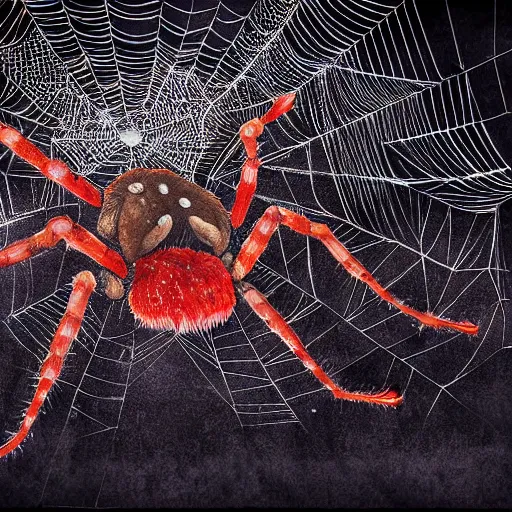 Image similar to Giant spider with red eyes and huge web, eating a bird alive, digital painting, photorealism, creepy, horror artwork