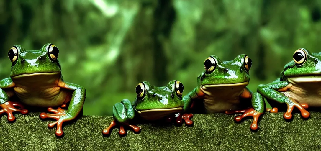 Image similar to frogs as the main characters in the 2 0 0 1 lord of the rings, cinematic still, action shot, 8 k hdr