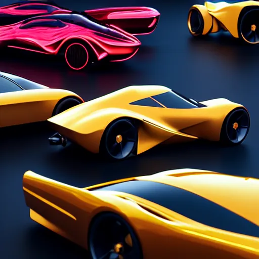 Image similar to car show several cars: motherboard forms designed by zaha hadid, sci-fi futuristic ultra realistic photography, keyshot render, octane render, unreal engine 5 lumen, high oiled liquid glossy specularity reflections, ultra detailed, golden hour, dramatic lighting 4k, 8k, 16k in the style ofblade runner 2049 Cyberpunk 2077 ghost in the shell thor 2 marvel film : tilt shift: sharp focus