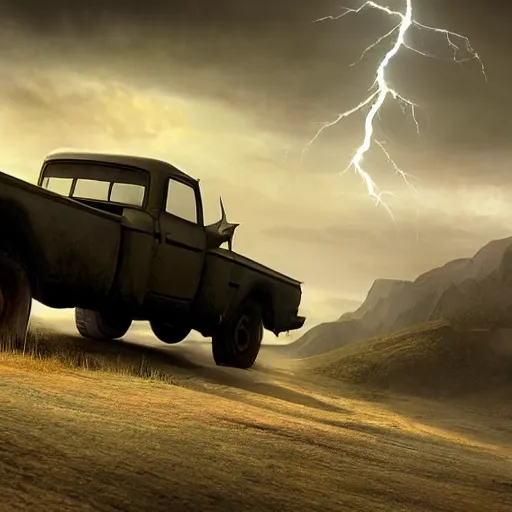 Prompt: a beautiful detailed realistic matte painting of a pick - up truck in a serene landscape with an eerie dark magic lightning portal to another dimension, by john howe and alexander skold and andreas rocha. vray, raytracing, detailed lighting, volumetric lighting, cinematic lighting, very wide shot, f 8