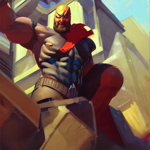 Image similar to greg manchess portrait painting of drax the destroyer as overwatch character, medium shot, asymmetrical, profile picture, organic painting, sunny day, matte painting, bold shapes, hard edges, street art, trending on artstation, by huang guangjian and gil elvgren and sachin teng