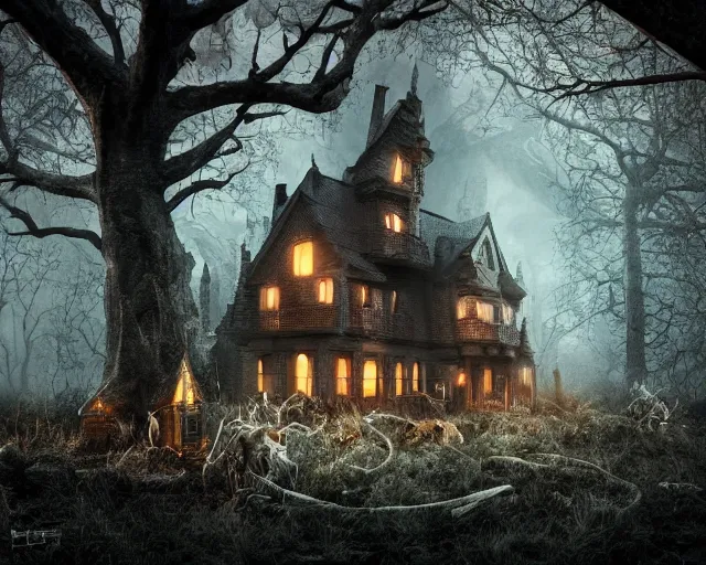 Image similar to the scariest witches house in the scariest dark forest, scary animals, epic scene, dark, scary, horror, frightening, fantasy, cinematic, redshift render, cgi, hyper - detailed, photo - bash, 8 k post - production, masterpiece