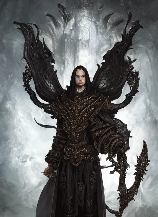 Image similar to high intricate male priest with white baroque armor and black garment, demon lord, ancient forest, maria panfilova, andrea savchenko, mike kime, ludovic plouffe, qi sheng luo, oliver cook, trending on artstation