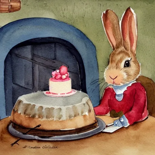 Image similar to a rabbit putting a cake into the oven in a beautiful french rustic kitchen, realistic watercolour