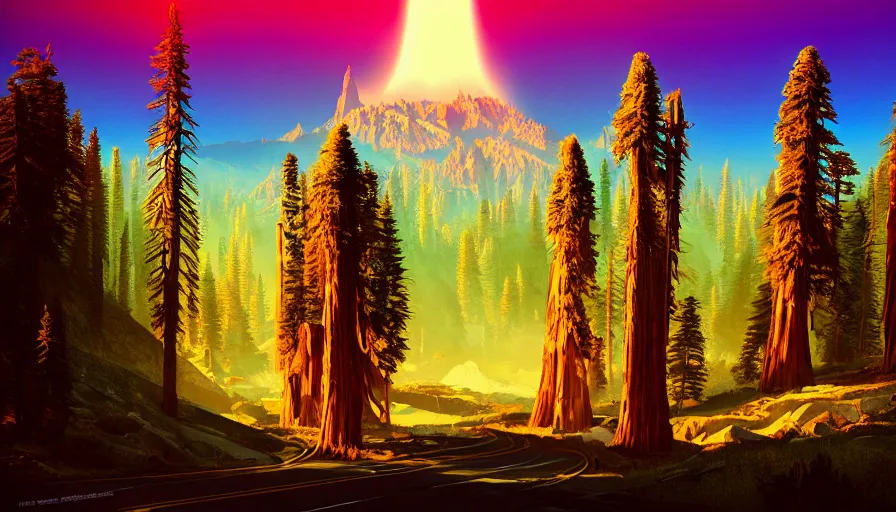 Prompt: a retrowave style artwork of sequoia national park, a land of the dead, divine, hazy, volumetric lighting, spacetime bending, very detailed, serene, gold accents, washed out colors, beautiful artwork, master level composition, raytracing