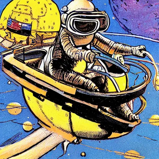 Prompt: painting of monkey wearing a space helmet riding an atv on the moon, jack davis style