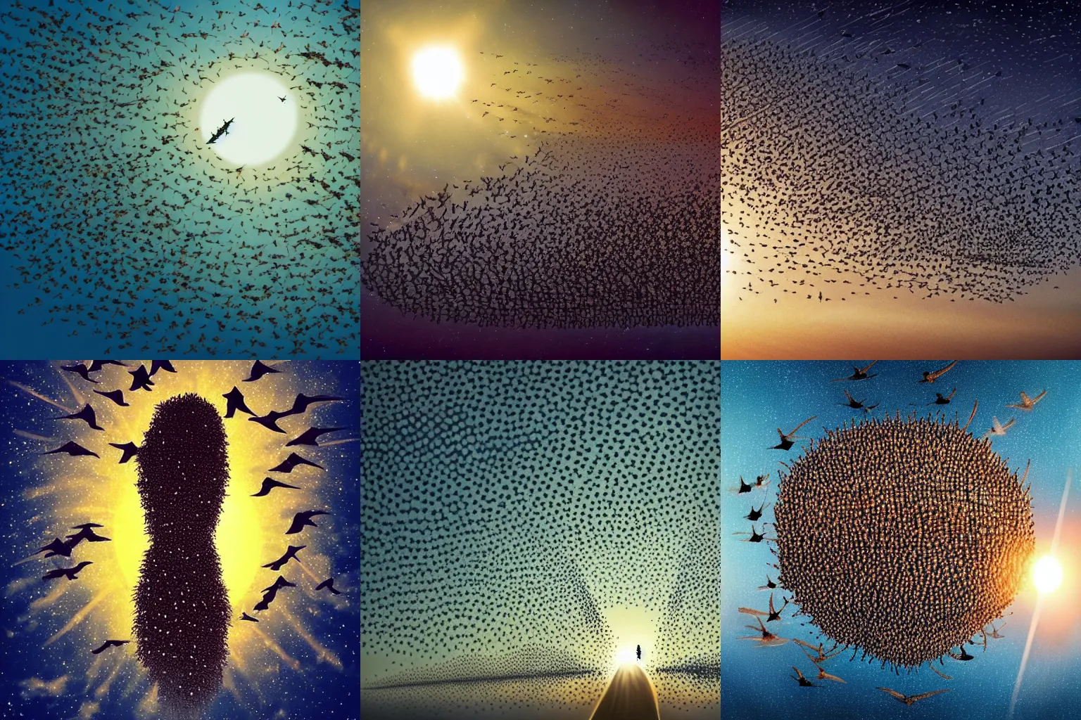 Prompt: a highly detailed murmuration of humans flying into the sun, trending on artstation, award winning